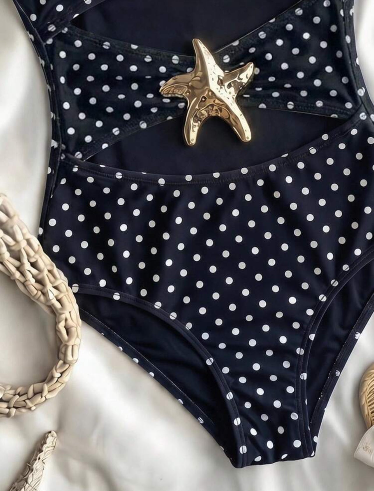 SHEIN Tween Girl Polka Dot Metallic Starfish Decor One-Piece Swimsuit, Suitable For Beach Vacation - 10Y,11Y