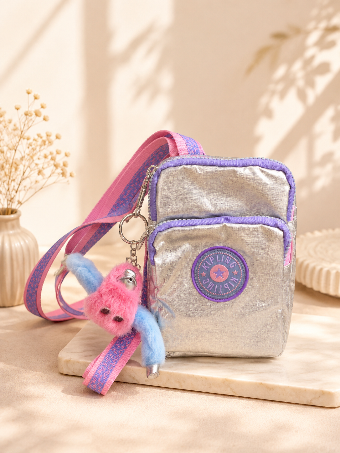 3-Zipper Crossbody Bag with Cute Monkey Charm – Pink & Lavender