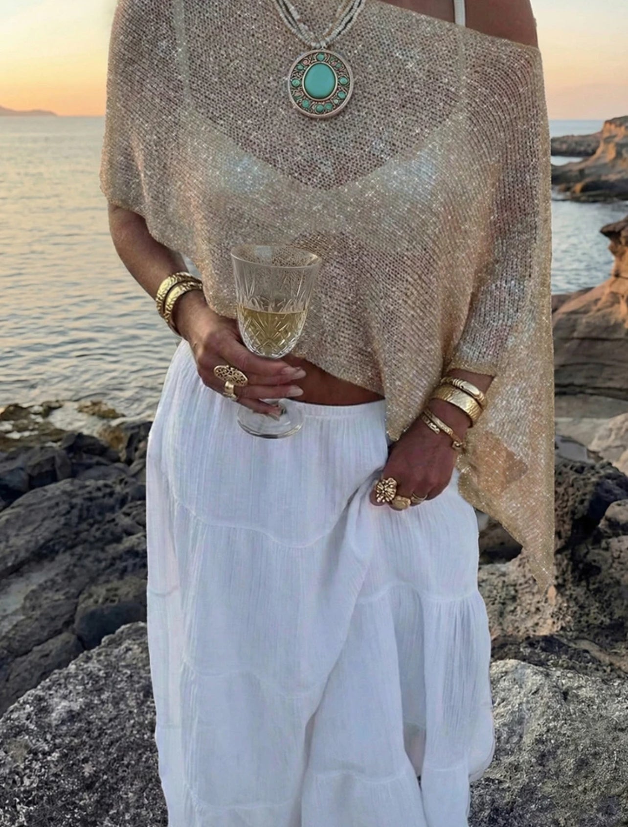 FOR BEAUTY Women's Summer New Knit Top, Casual Style, Solid Gold Loose Shawl Cover Up, Bohemian Style, Suitable For Beach And Vacation - M,L