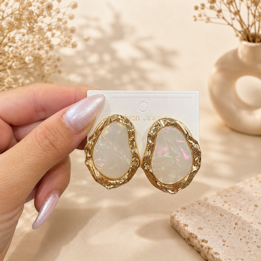 Iridescent Pearl Statement Earrings – Gold Trim Geometric Stud Earrings