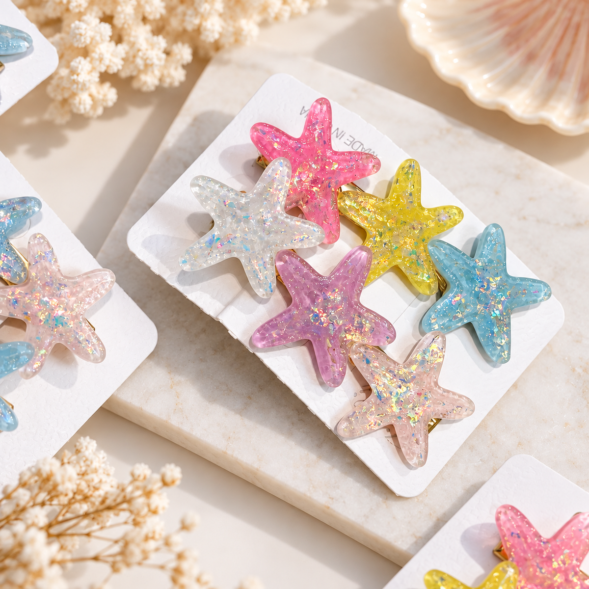 Glitter Starfish Hair Clips – 2 Pcs, Random Colors