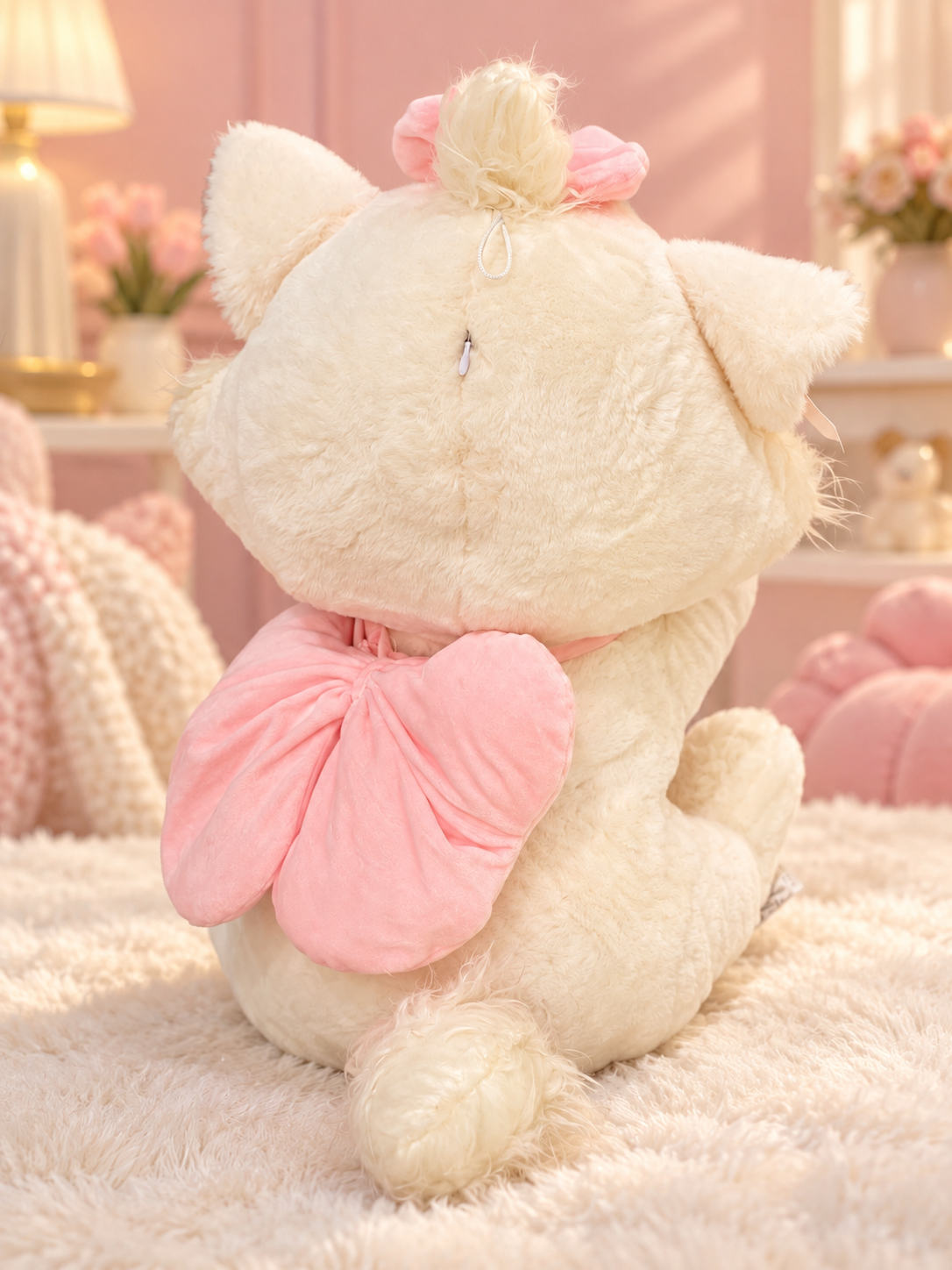 Soft Plush Cat Doll with Pink Bow & Embroidered Details