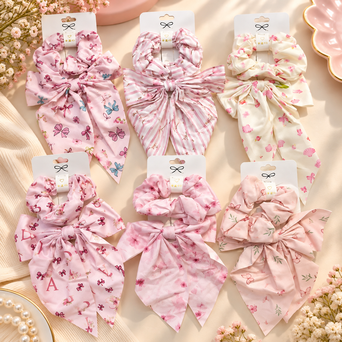 Girls’ Pink Bow Scrunchie & Long-Tail Hair Bow Set – Assorted Prints