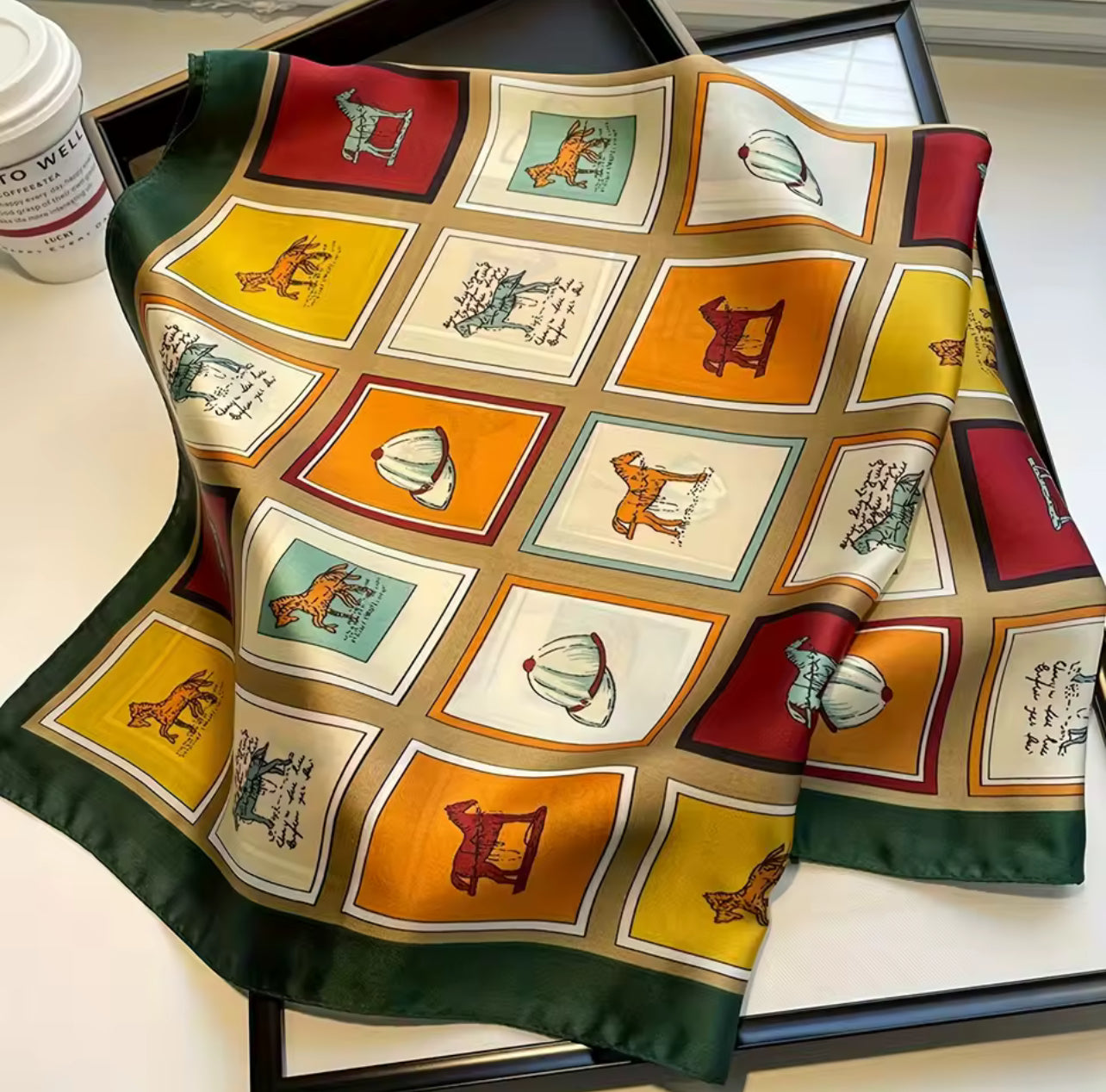Grid Horse Print Square Scarf Simulated Silk Neck Scarf Stylish Sunscreen Headscarf For Women