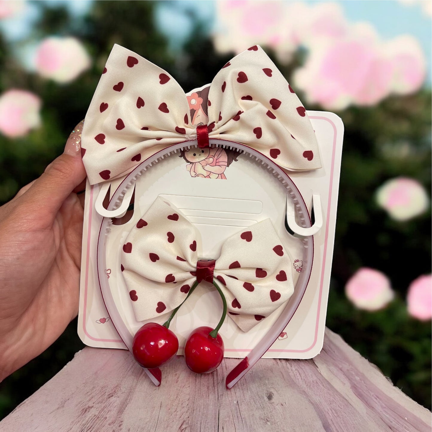 Cherry Bow Headband & Hair Clip Set – Cream & Red