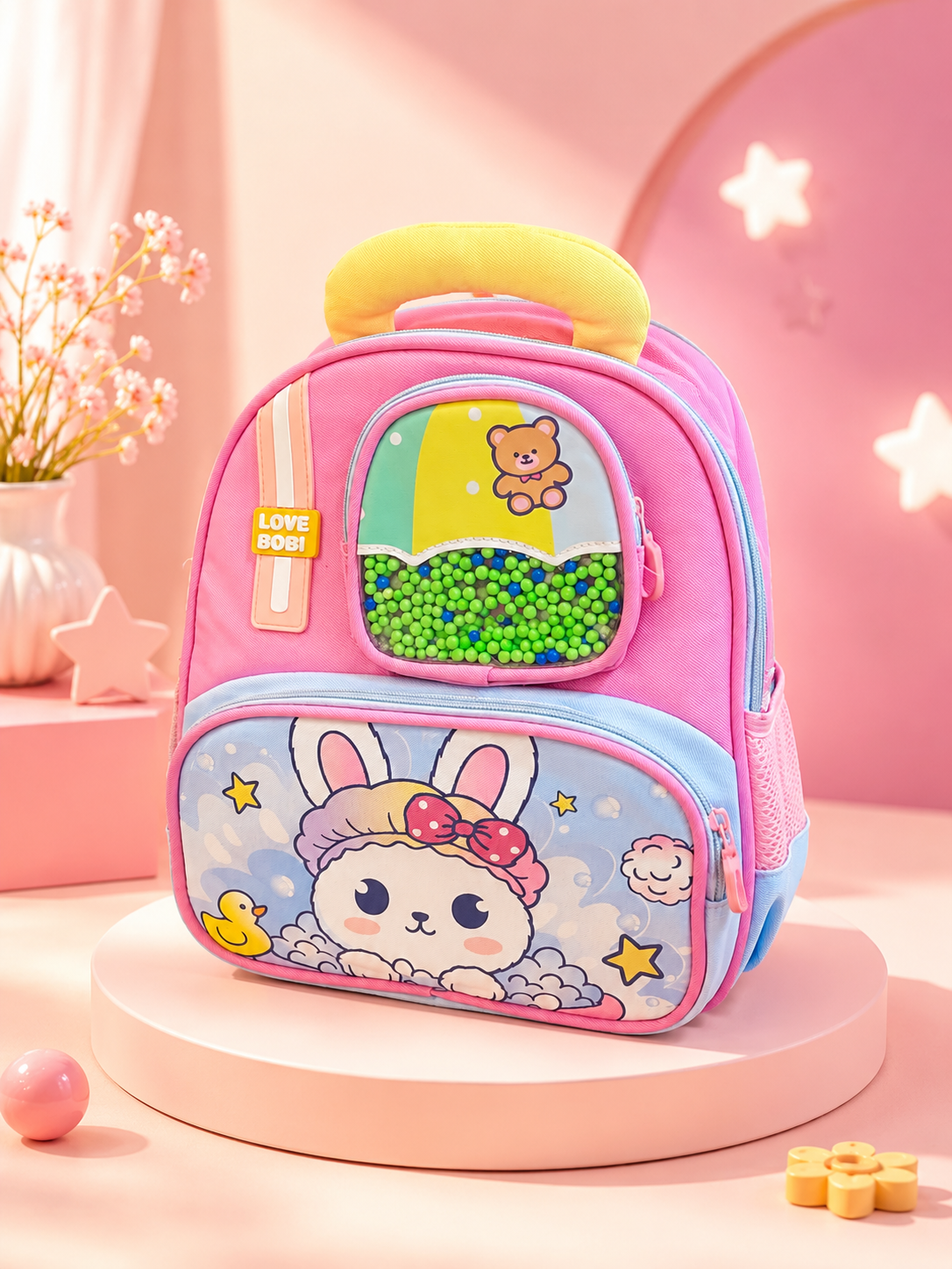 Cute Kids’ Backpack with Beaded Front Pocket – Pink Bunny School Bag