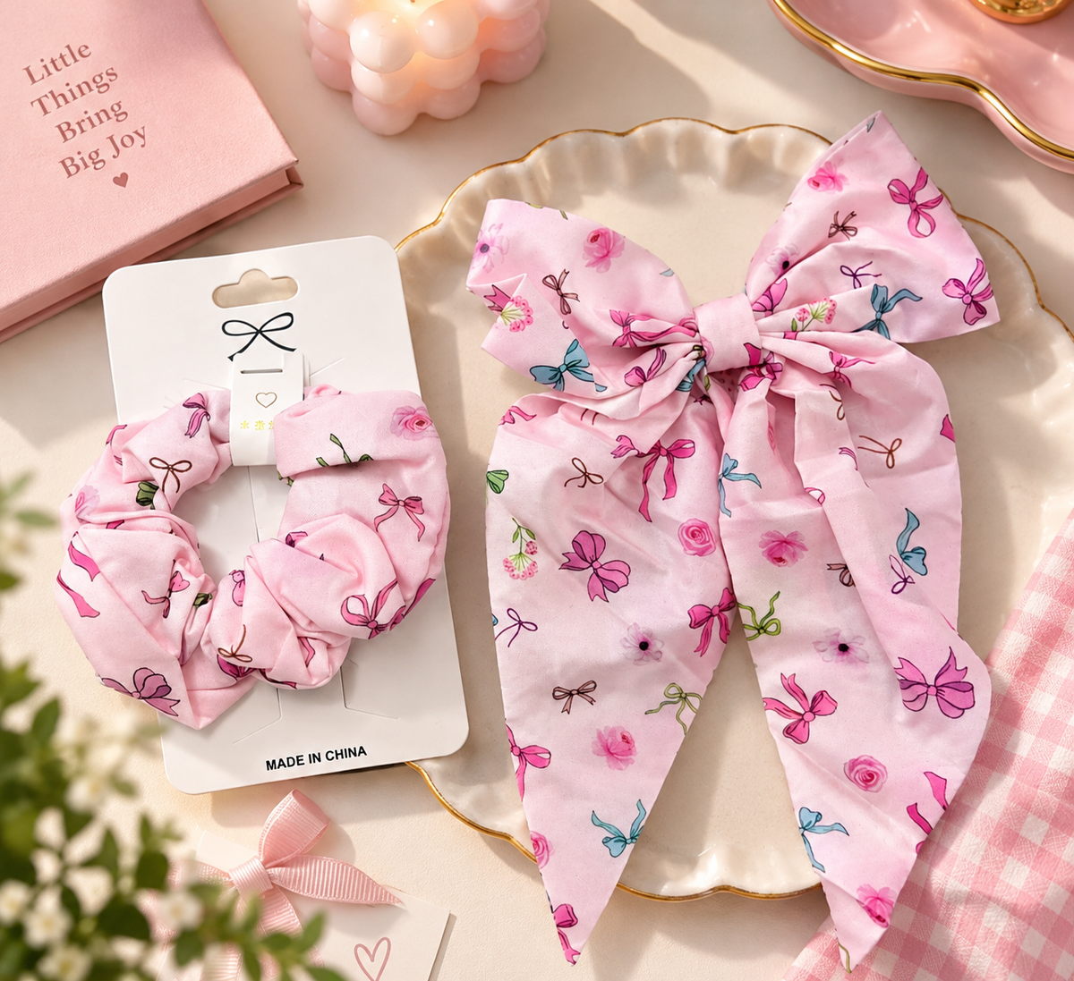 Girls’ Pink Bow Scrunchie & Long-Tail Hair Bow Set – Assorted Prints
