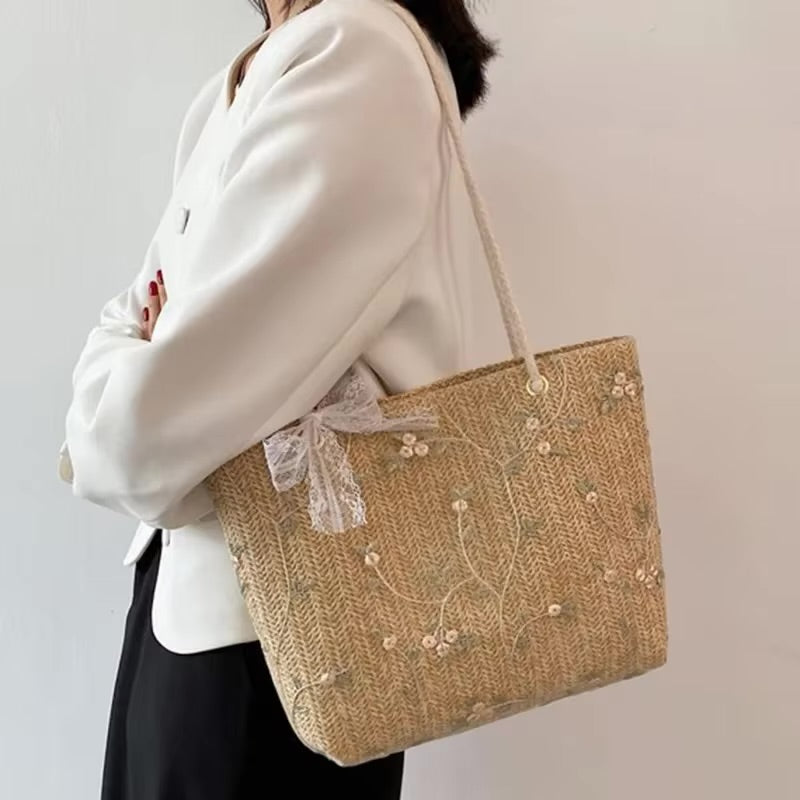 Embroidered Straw Tote Bag with Lace Bow – Summer Beach Bag