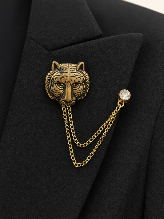 Vintage Tiger Head Brooch Pin with Double Chain