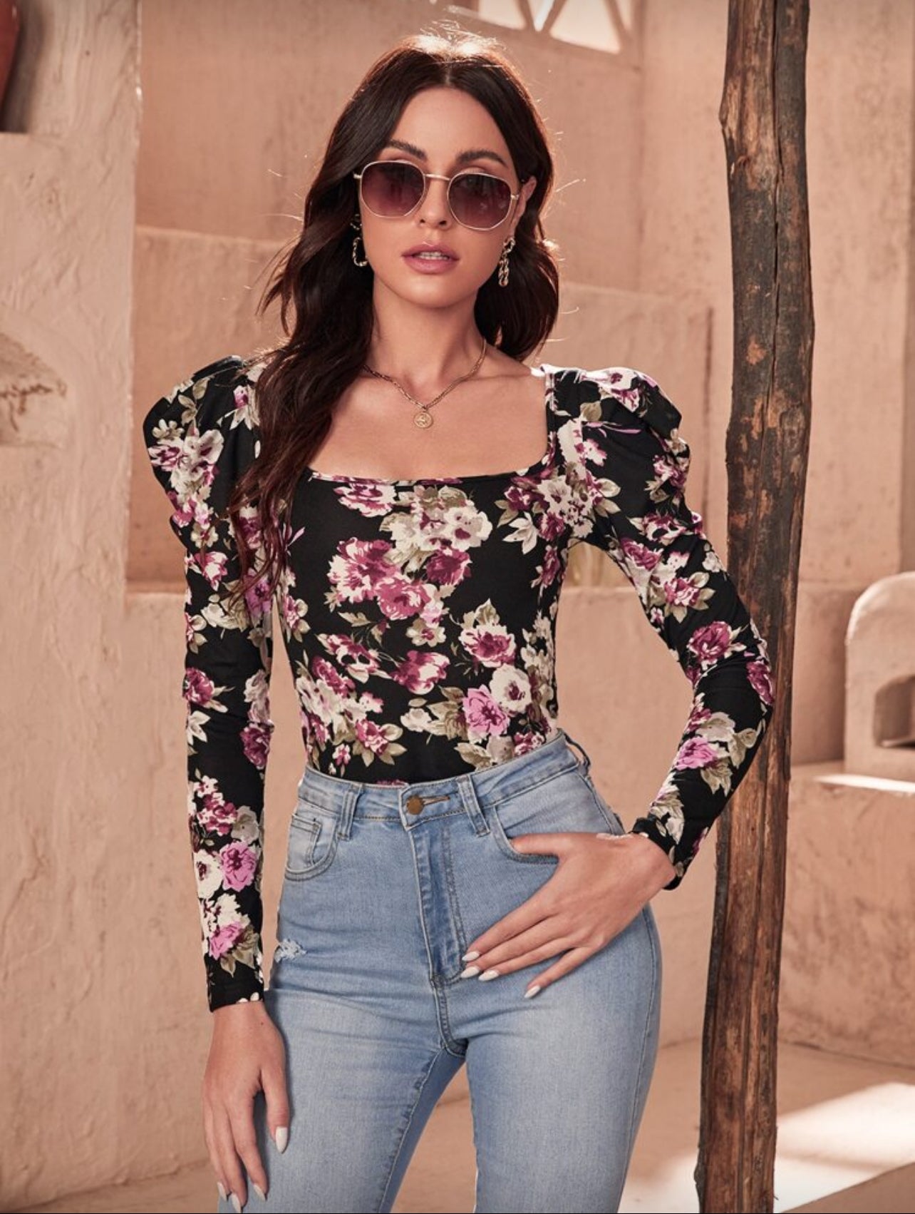 SHEIN Clasi Floral Print Gigot Sleeve Tee - XL