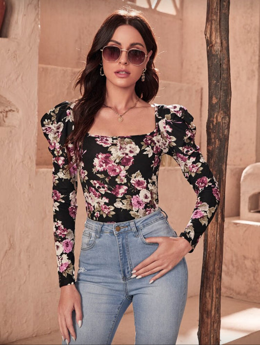 SHEIN Clasi Floral Print Gigot Sleeve Tee - XL