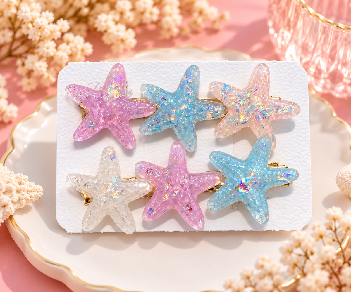 Glitter Starfish Hair Clips – 2 Pcs, Random Colors
