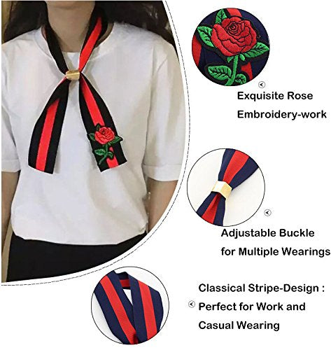 Navy & Red Striped Floral Embroidered Ribbon Scarf
