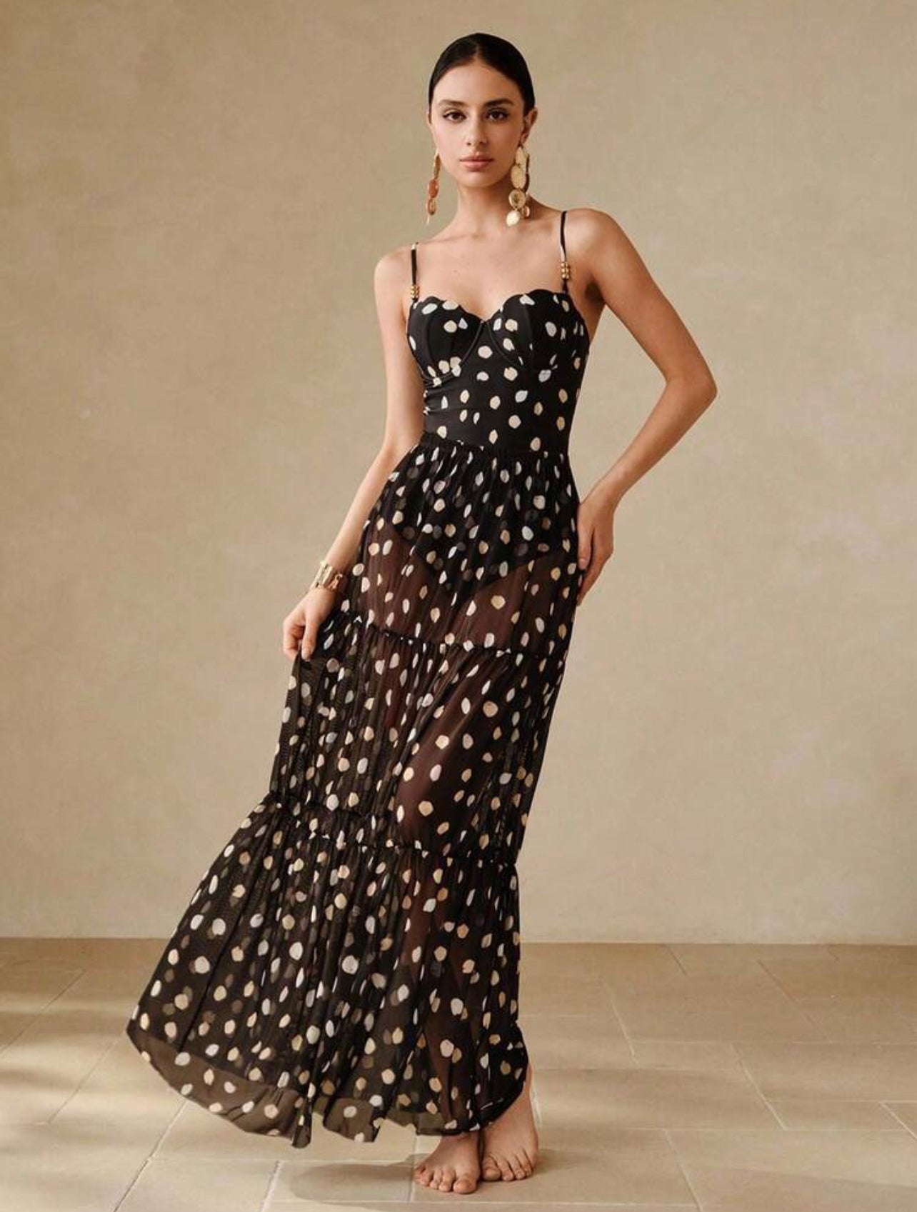 Swim Oasis New Sexy Tight Black & White Polka Dot Print Spaghetti Strap Push-Up Underwire One-Piece, Vacation Beach Crop Top & Skirt 2 Pieces Set For Summer - L,XL