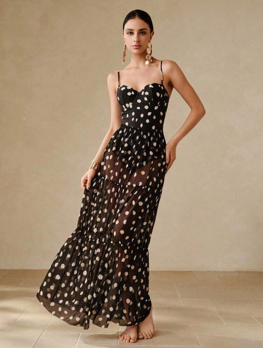 Swim Oasis New Sexy Tight Black & White Polka Dot Print Spaghetti Strap Push-Up Underwire One-Piece, Vacation Beach Crop Top & Skirt 2 Pieces Set For Summer - L,XL