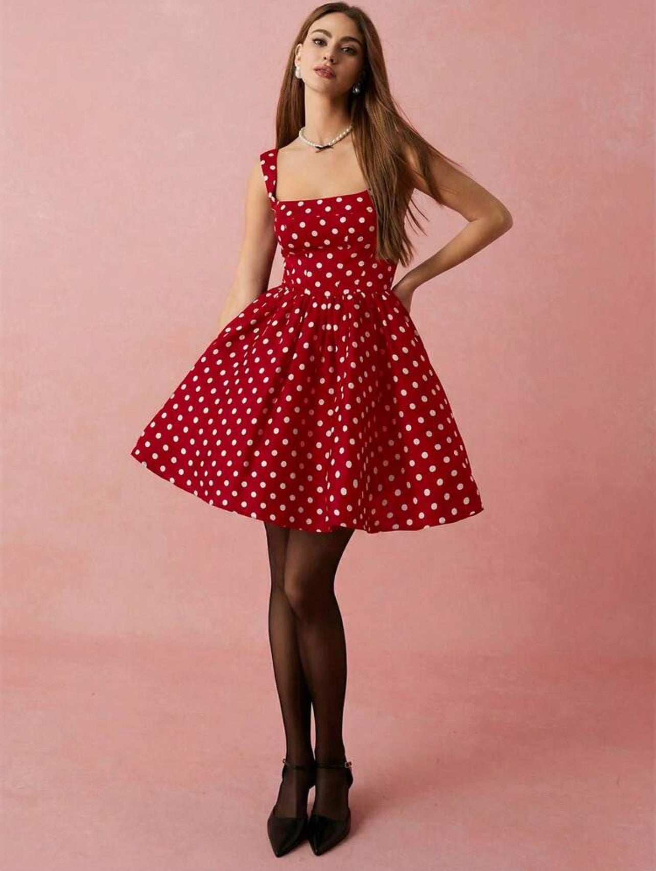 Enchnt Women's Red And White Polka Dot Square Neck Sleeveless Short Dress,Vintage Tea Party Summmer Elegant Birthday Graduation Wedding Party Dress - S,M