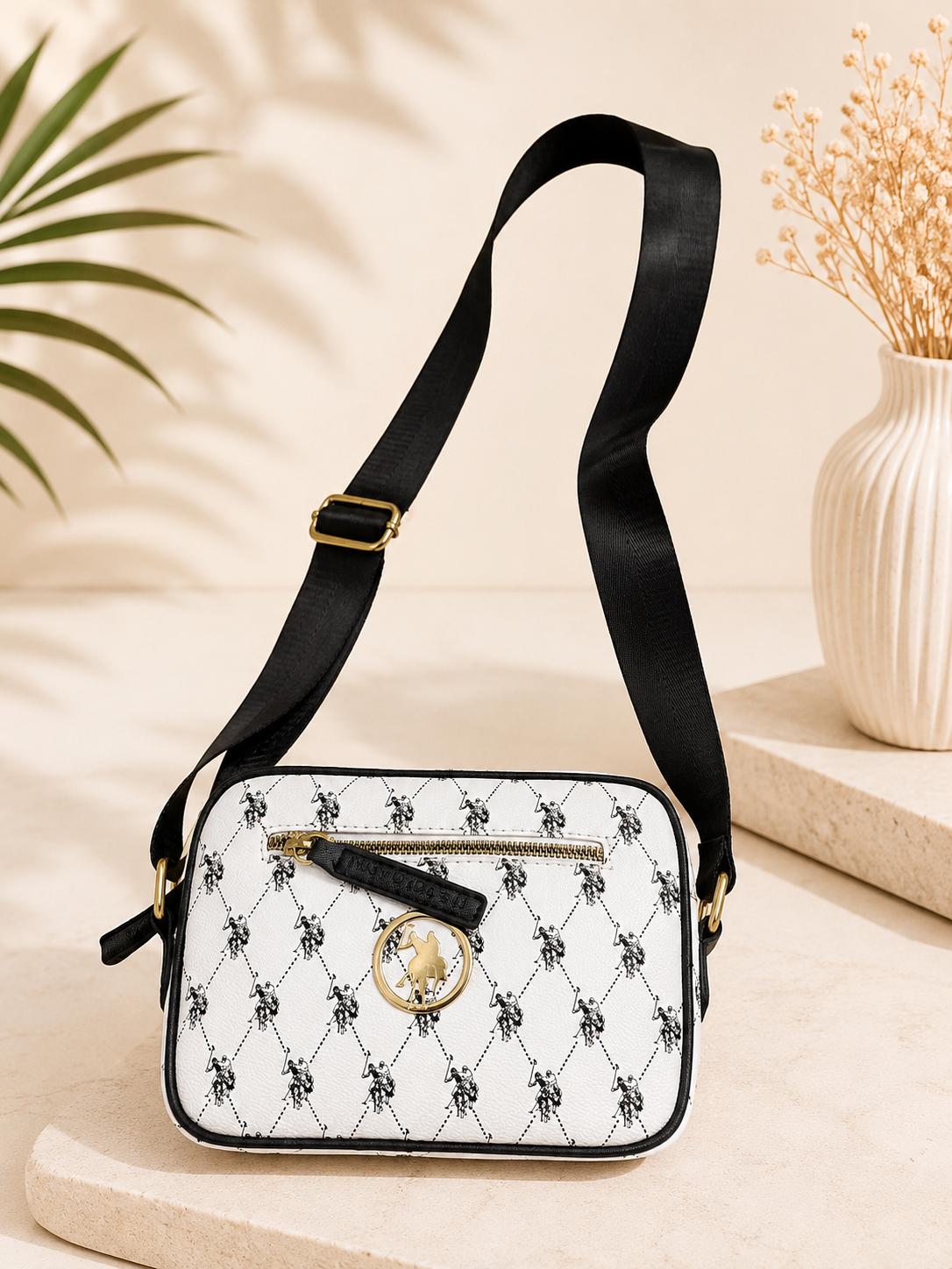 Classic Monogram Crossbody Bag – White & Black