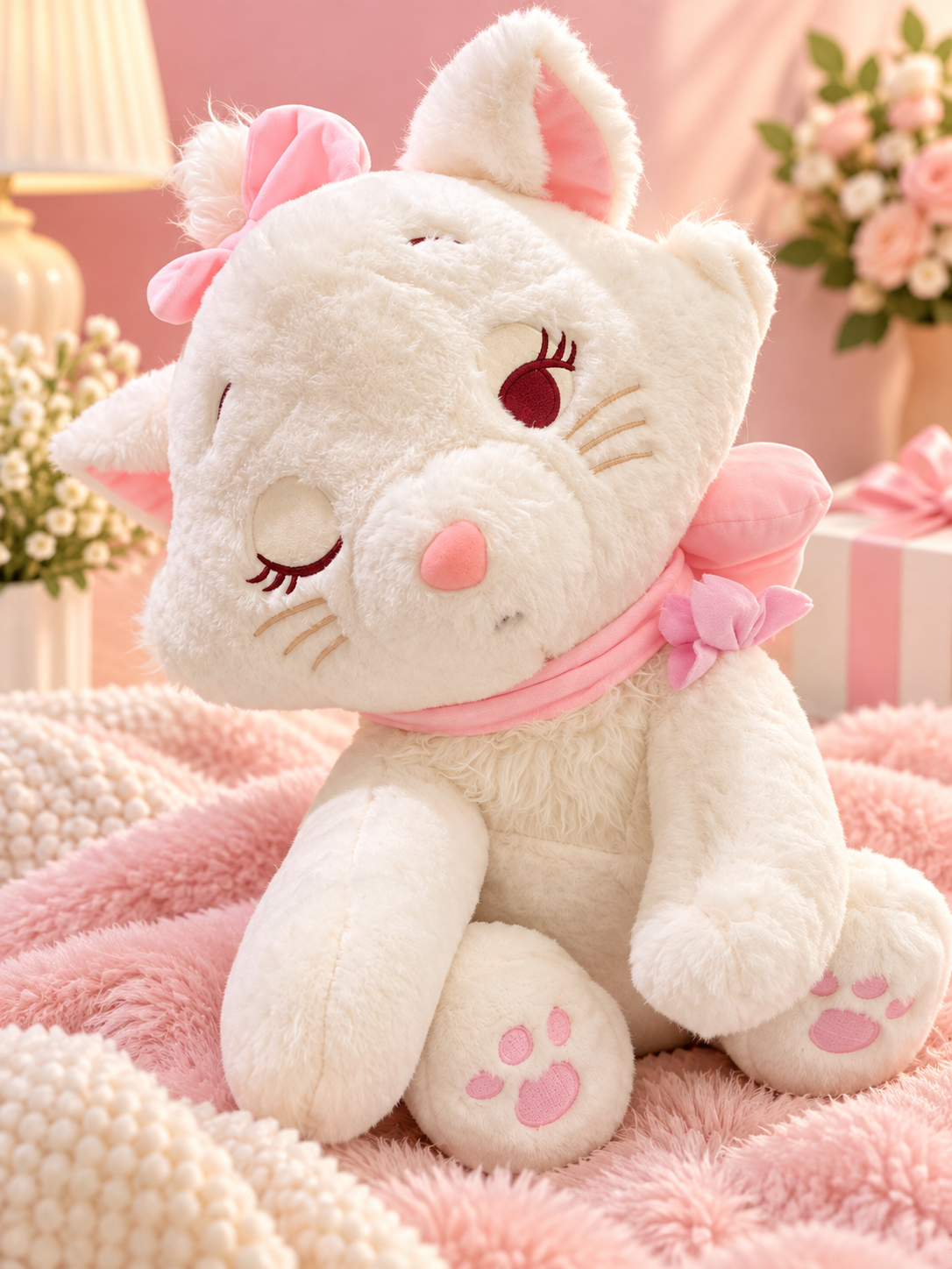 Soft Plush Cat Doll with Pink Bow & Embroidered Details