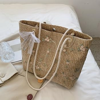 Embroidered Straw Tote Bag with Lace Bow – Summer Beach Bag
