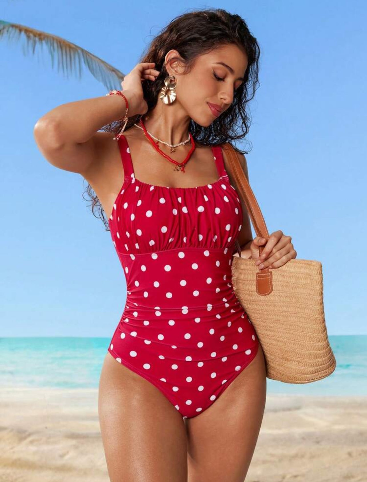 Swim Mod Women's Trending Red And White Polka Dot One-Piece Swimsuit,Ruffle Tummy Control Bathing Suit,Full Coverage Summer - M,L