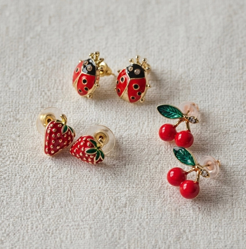 Sweet Berry & Cherry Stud Earrings Set – Gold Plated High Quality