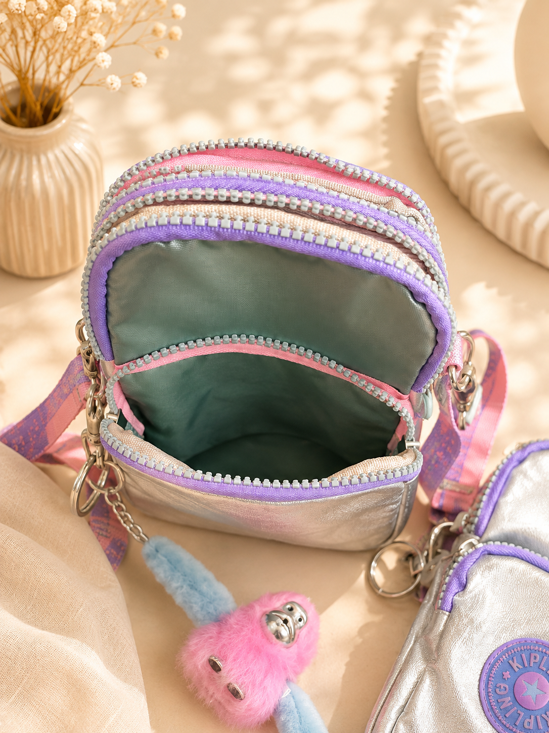 3-Zipper Crossbody Bag with Cute Monkey Charm – Pink & Lavender