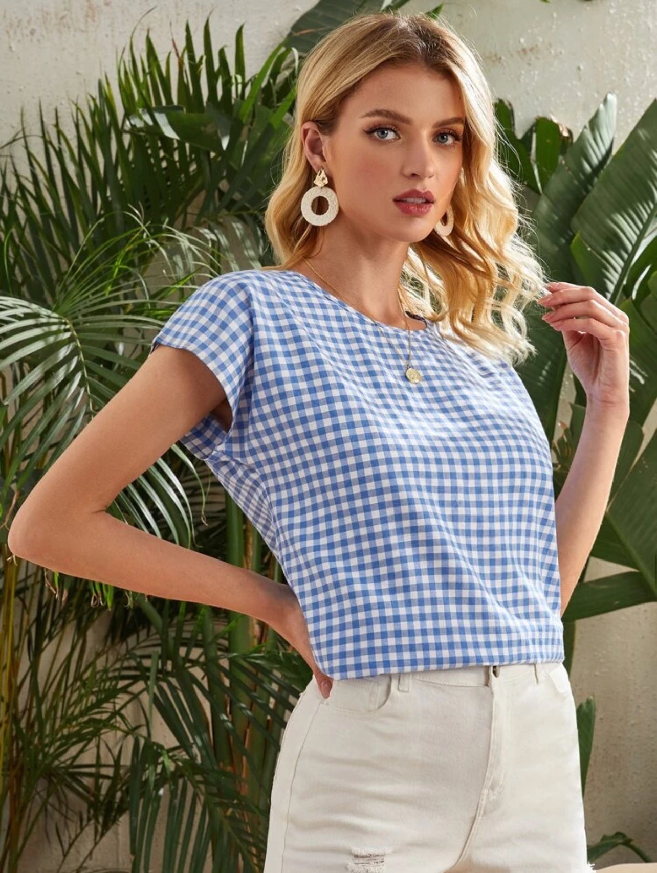 SHEIN LUNE Gingham Batwing Sleeve Top - XL