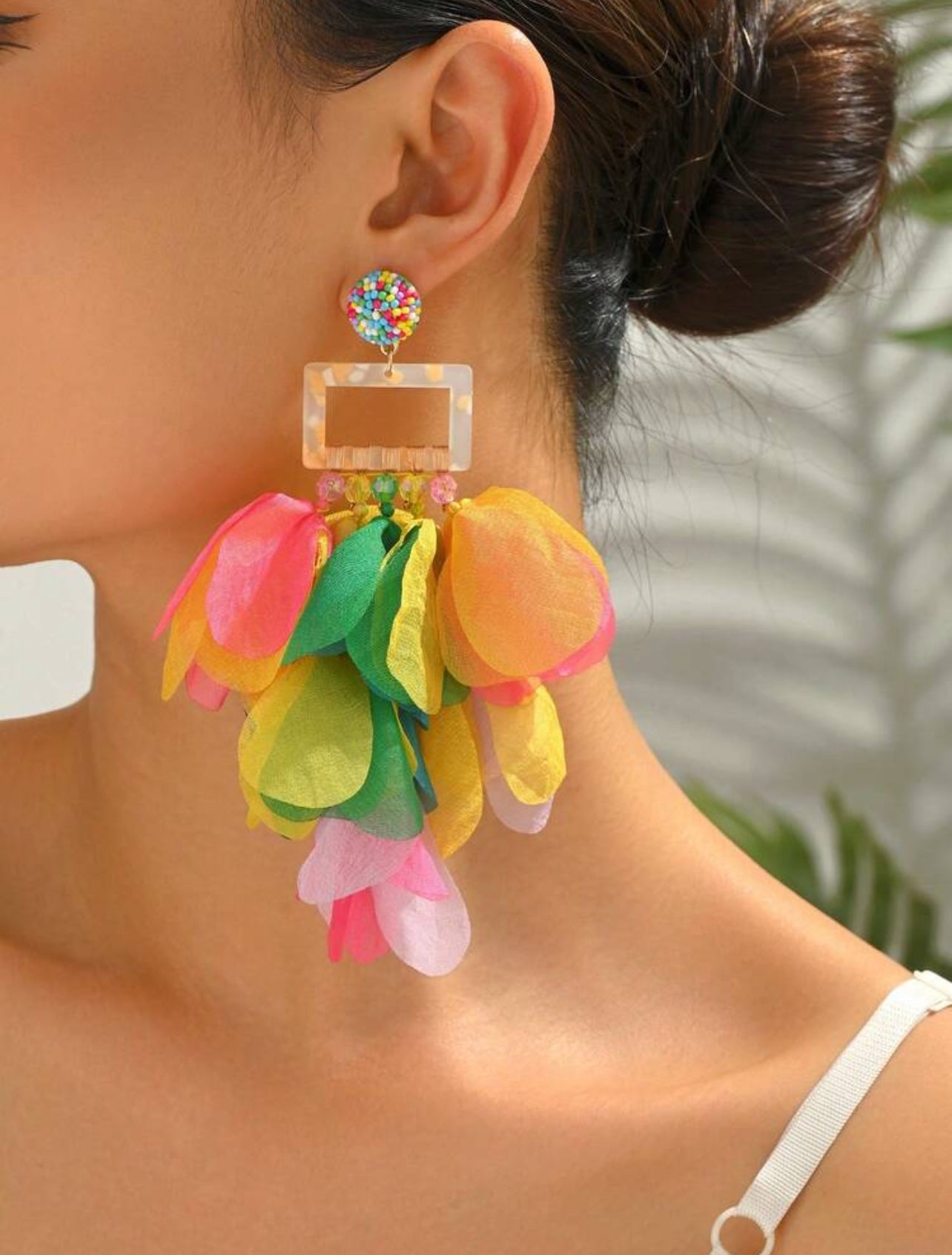 1 Pair Bohemian Style Colorful Chiffon Petal Tassel Earrings, Handmade, Suitable For Women, Fit For Party, Ball, Beach Holiday