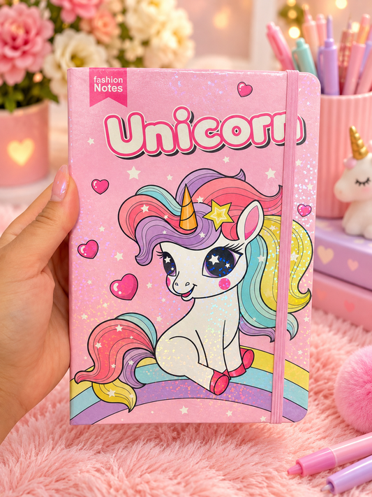 Pink Unicorn Glitter Notebook – Cute Rainbow Unicorn Journal with Elastic Closure