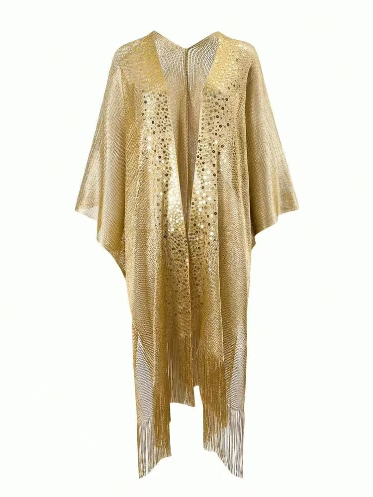Sirith New Gold Sequins Fringe Flare Sleeve Kimono Cardigans, Women Summer Vacation Beach Cover-Up, Festival Boho Wear