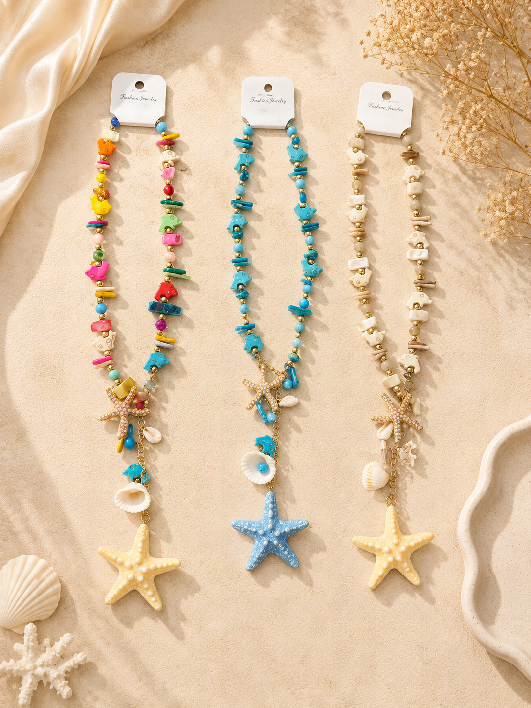 Beachy Seashell & Starfish Charm Necklace – Colorful Beaded Statement Necklace