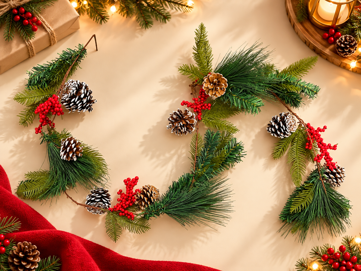 Christmas Pine Garland with Red Berries & Pinecones