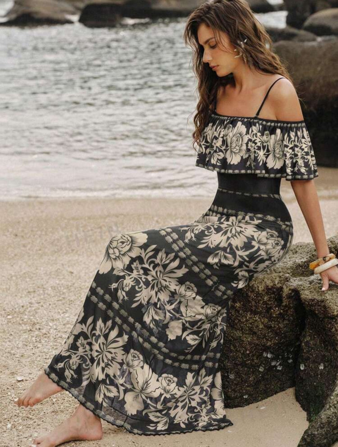 Swim Oasis 2pcs/Set Summer Fashion 3D Print Design High-End Bestselling Ruffled One-Piece Swimsuit With Beach Cover-Up Dress - Med