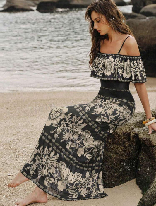 Swim Oasis 2pcs/Set Summer Fashion 3D Print Design High-End Bestselling Ruffled One-Piece Swimsuit With Beach Cover-Up Dress - Med