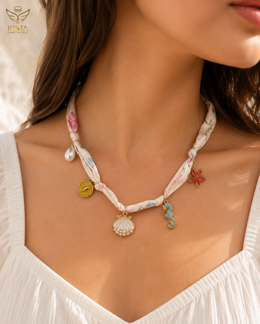 Ocean Charm Floral Fabric Necklace – Handmade Summer Statement Necklace