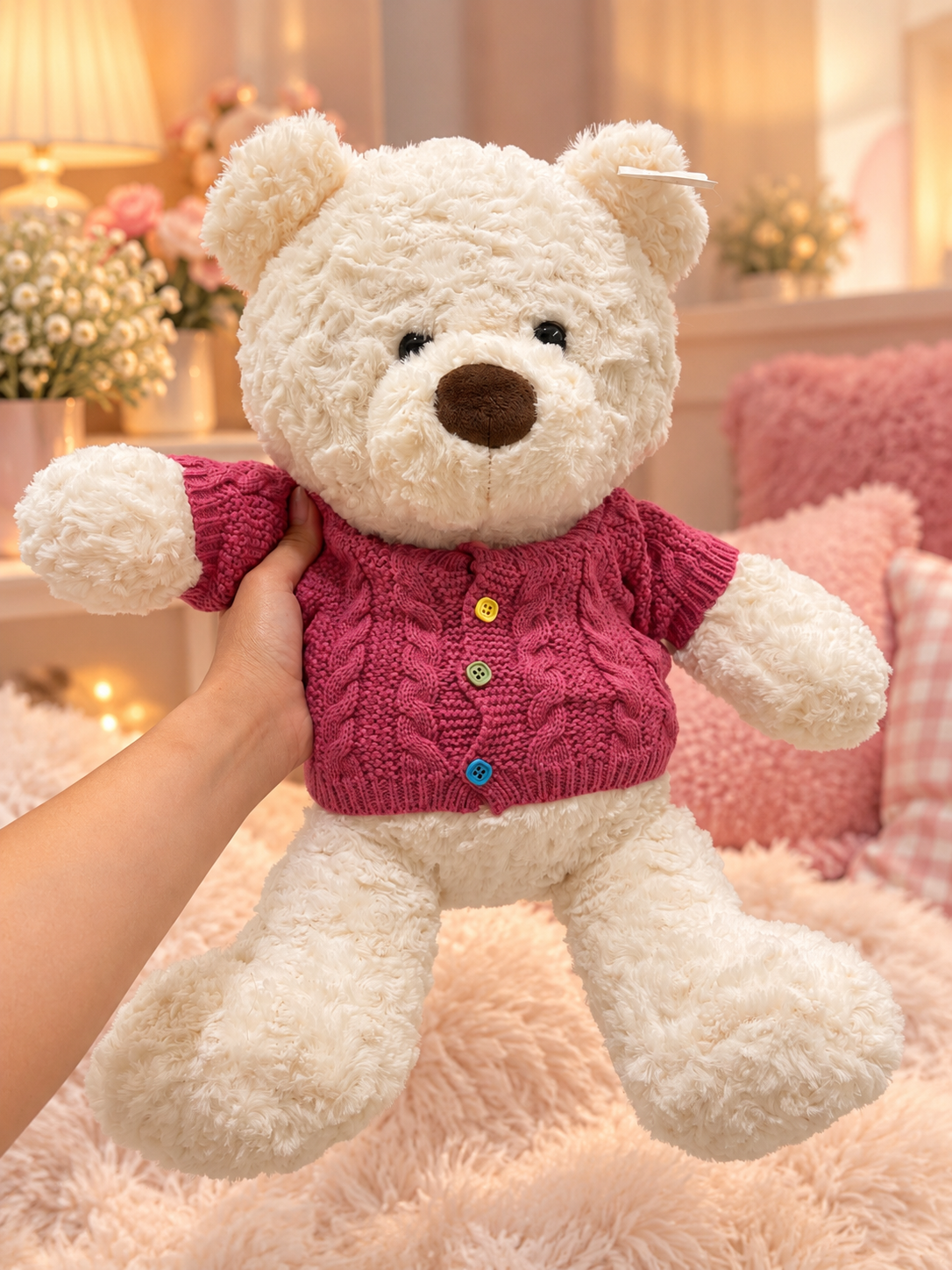 Soft Plush Teddy Bear with Knitted Pink Sweater