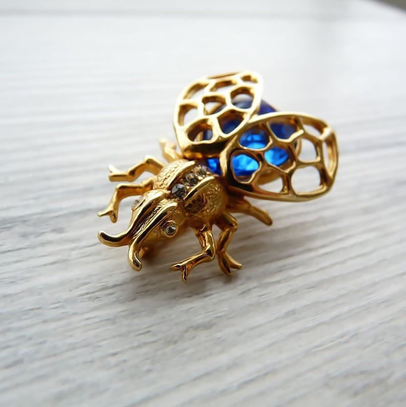 Vintage Art Deco Fly Brooch Gold Insect Pin Blue Crystal Costume Jewelry