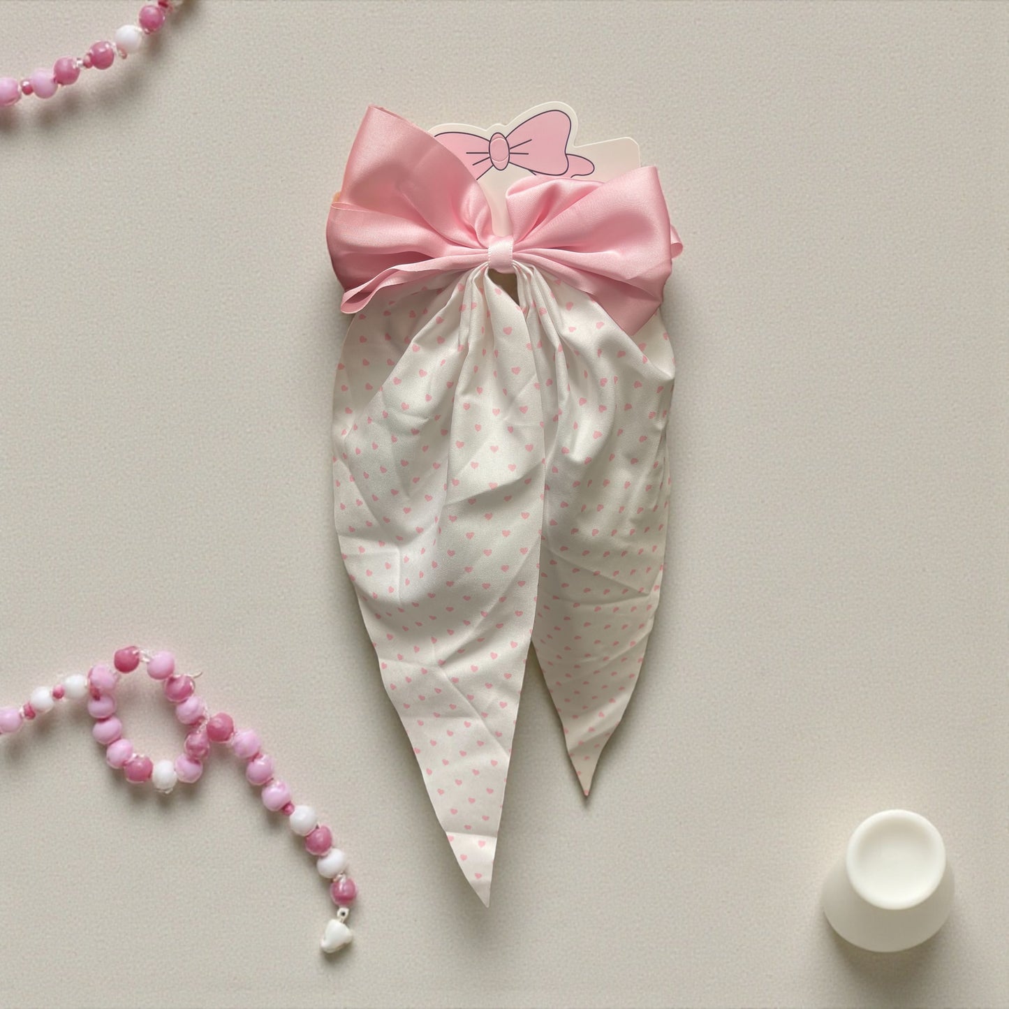 Blush Pink Satin Bow Scarf – Soft Elegant Hair Accessory for Girls & Women