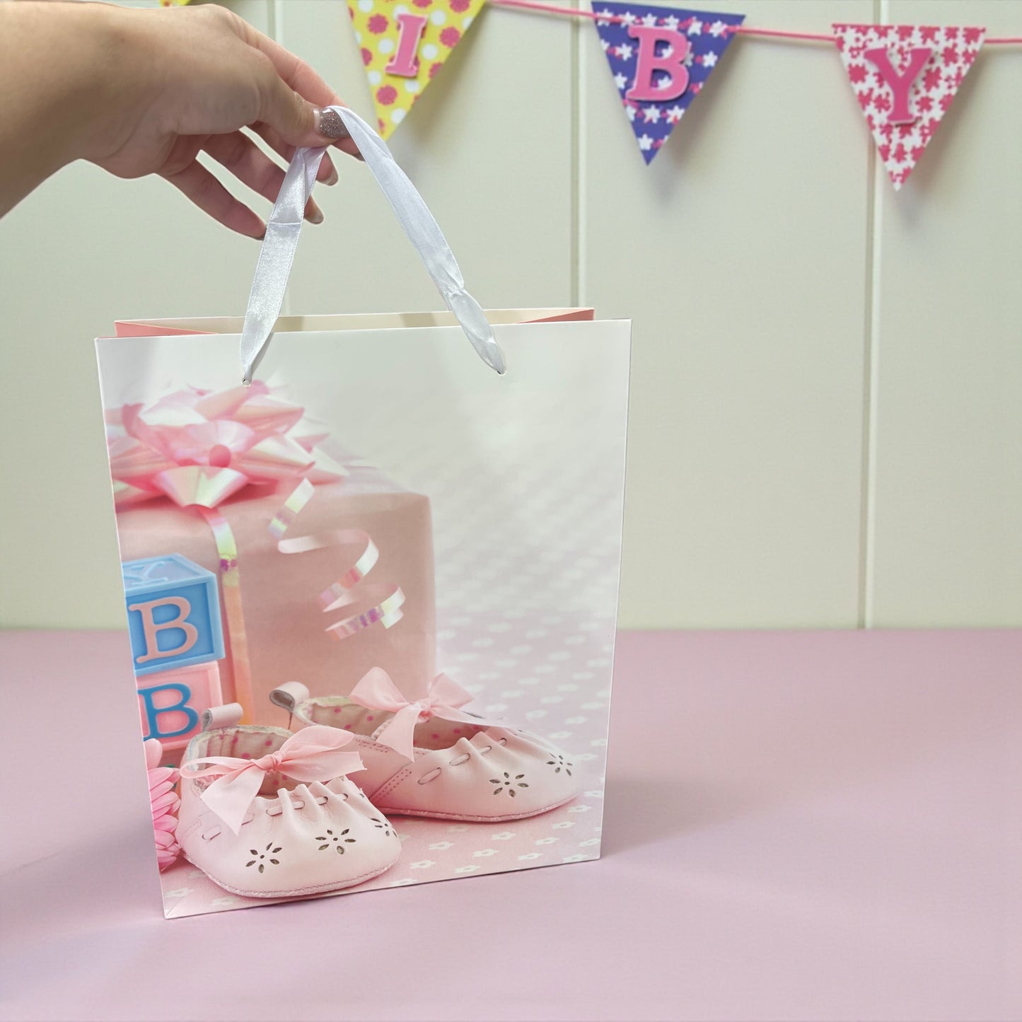 Baby Shower Gift Bag – Elegant Pink Design with Satin Handles