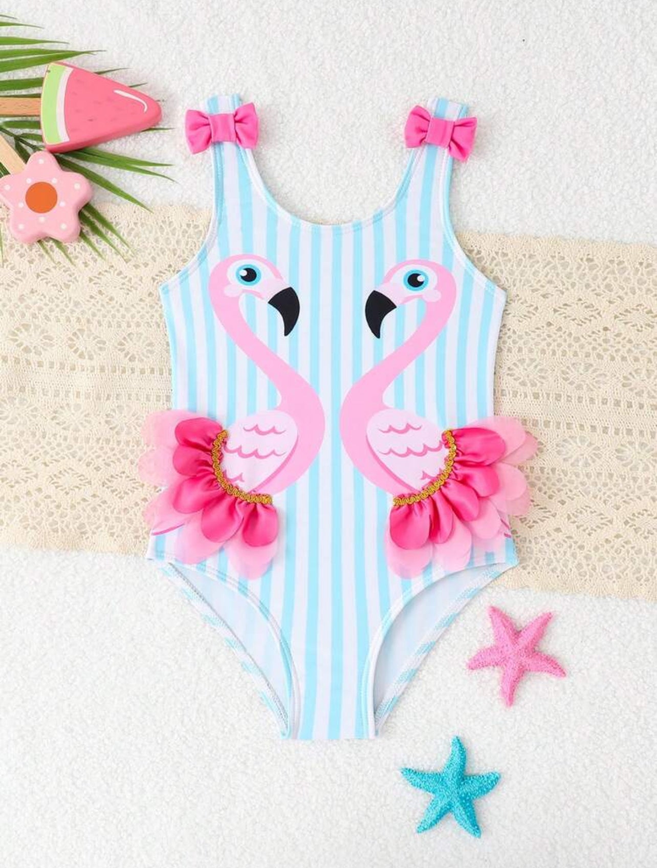 SHEIN Young Girl Flamingo Striped Sleeveless Backless One-Piece Swimsuit, Cute Bow Strap Design, Summer Beach Summer Holiday - 4Y