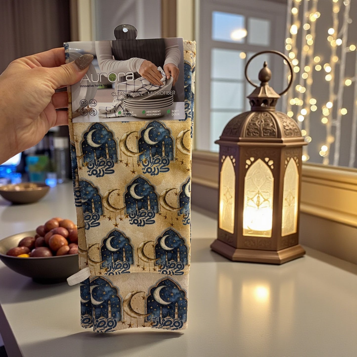 2Pcs Ramadan Kareem Microfiber Kitchen Towels – Festive Absorbent Dish Towels with Islamic Lantern & Crescent Prints