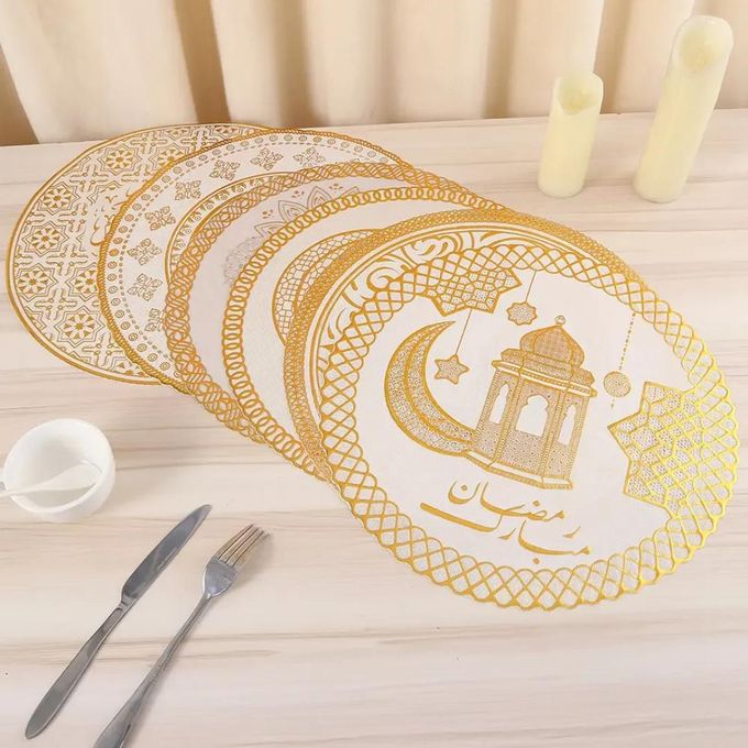 1PC Ramadan Mubarak Placemat – Gold Embroidered Round & Rectangle Table Mat