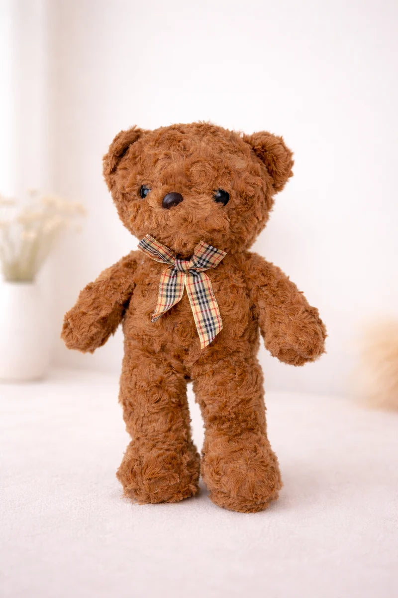 Soft Plush Teddy Bear with Checkered Bow – Cute Gift for Kids & Loved Ones