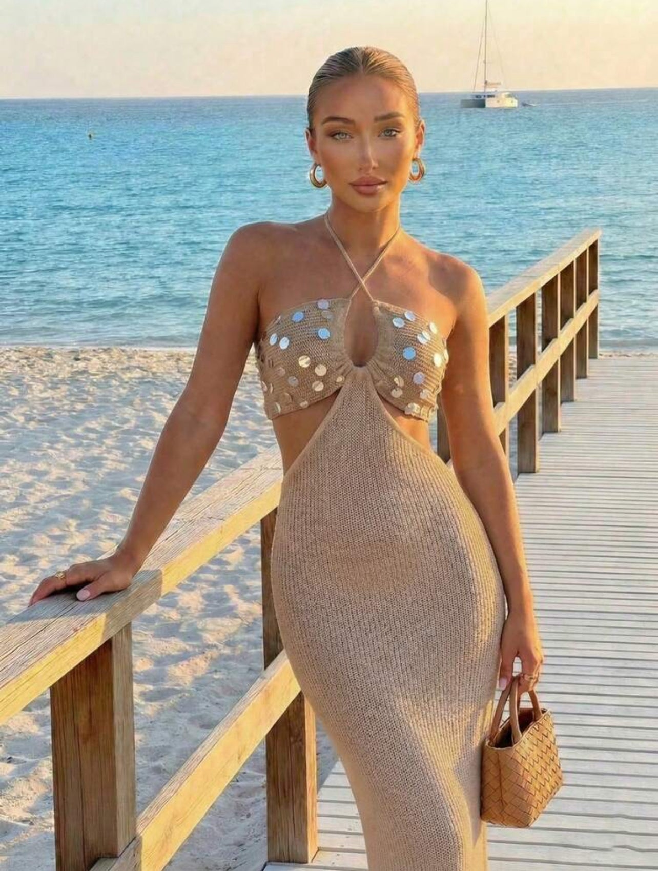 FOR BEAUTY Summer Women's Bohemian Glitter Sequin Coffee-Tone Halter Dress, Sleeveless Bandeau Backless Cami Dress,Beach Vacation Dress,Summer Dress - M