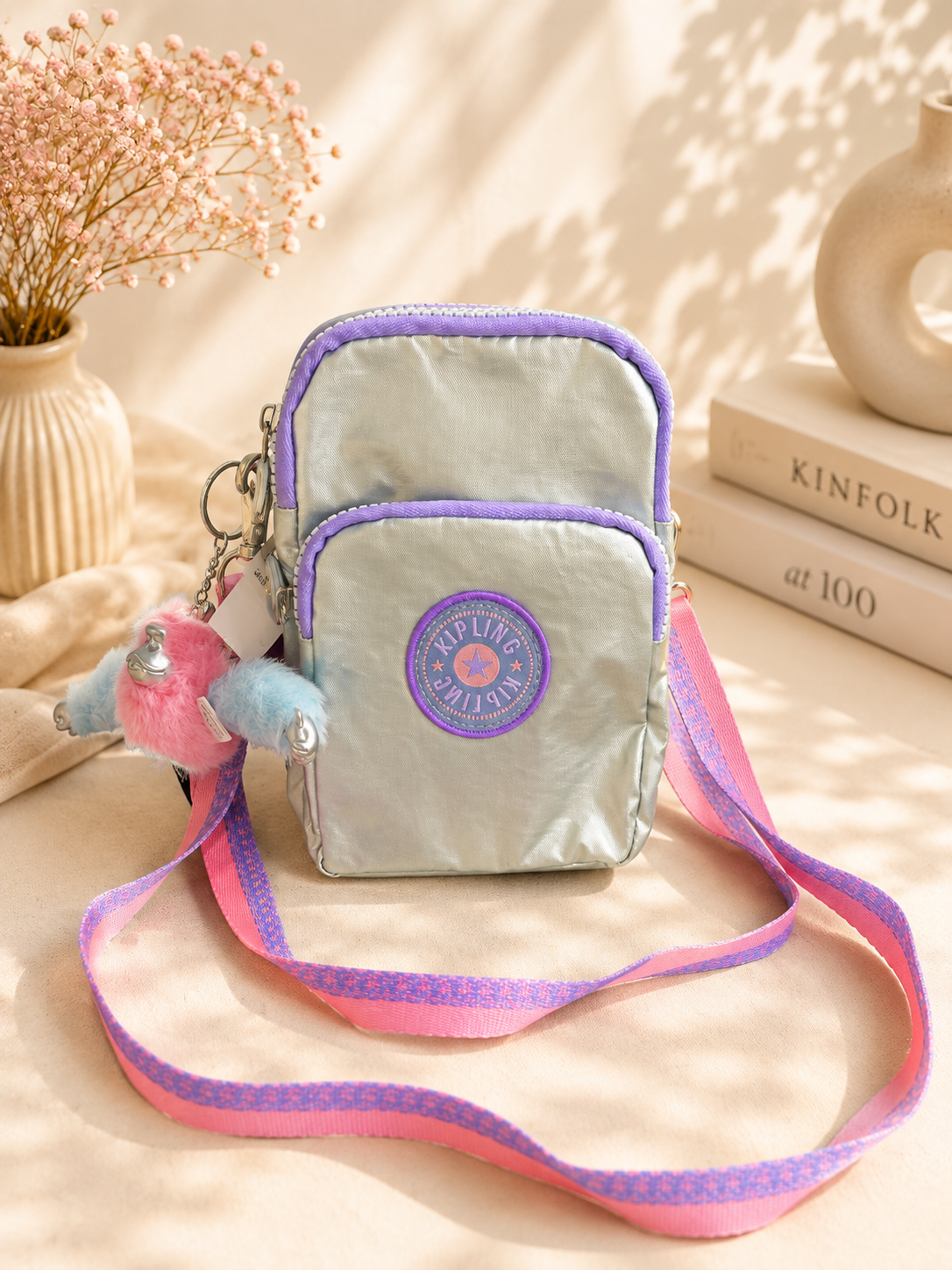 3-Zipper Crossbody Bag with Cute Monkey Charm – Pink & Lavender
