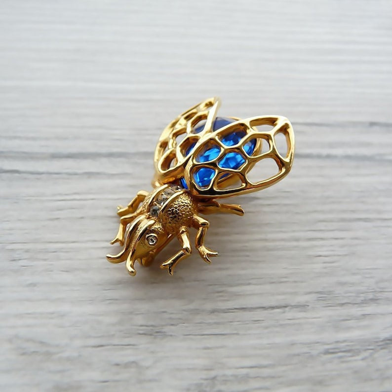 Vintage Art Deco Fly Brooch Gold Insect Pin Blue Crystal Costume Jewelry