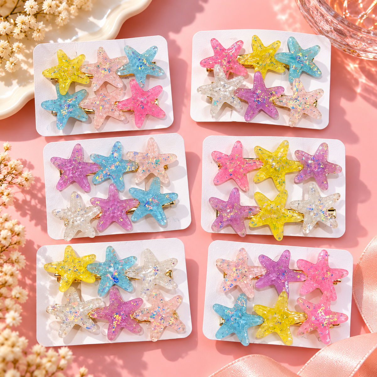 Glitter Starfish Hair Clips – 2 Pcs, Random Colors