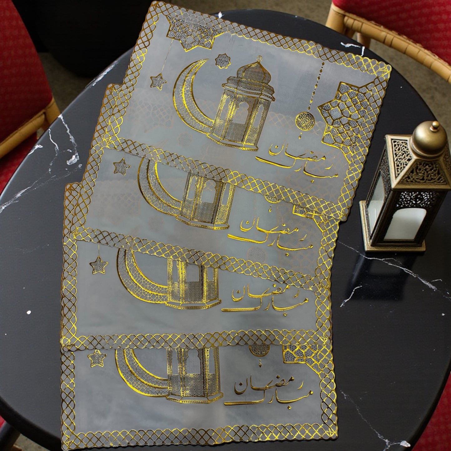 1PC Ramadan Mubarak Placemat – Gold Embroidered Round & Rectangle Table Mat