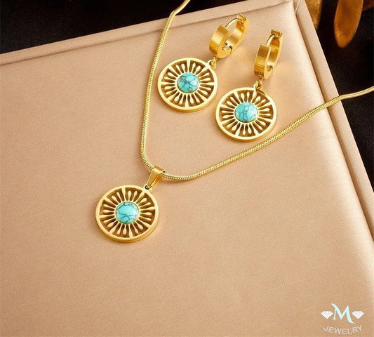 2024 Stainless Steel Round Turquoise  Necklace Earrings for Women Jewelry Set High Quality Vintage Party Gift