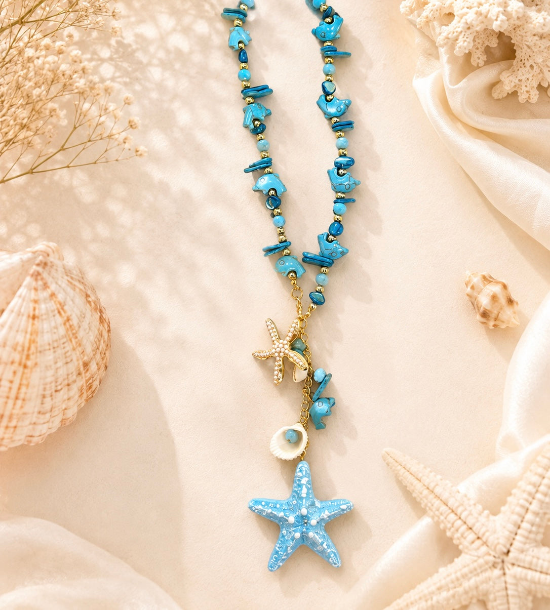 Beachy Seashell & Starfish Charm Necklace – Colorful Beaded Statement Necklace